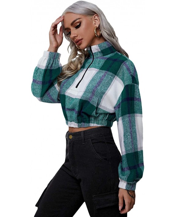 SweatyRocks Women's Half Zipper Long Sleeve Crop Top Casual Plaid Sweatshirt with Pocket at Women’s Clothing store