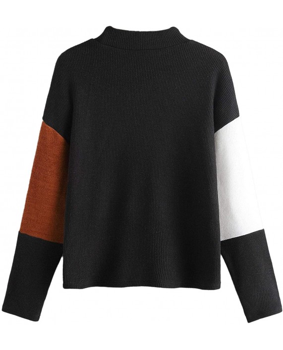SweatyRocks Women's Long Sleeve Mock Neck Color Block Casual Knit Sweater Pullover at Women’s Clothing store