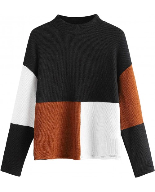 SweatyRocks Women's Long Sleeve Mock Neck Color Block Casual Knit Sweater Pullover at  Women’s Clothing store