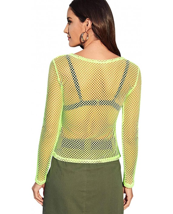 SweatyRocks Women's Sexy Fishnet Sheer Long Sleeve Blouse See Through Mesh Crop Top at Women’s Clothing store