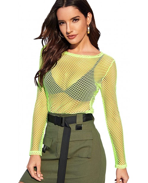 SweatyRocks Women's Sexy Fishnet Sheer Long Sleeve Blouse See Through Mesh Crop Top at  Women’s Clothing store