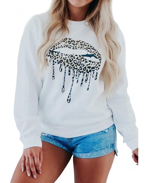VIMPUNEC Womens Leopard Lips Long Sleeve Tops Oversized Crewneck Sweatshirt at Women’s Clothing store