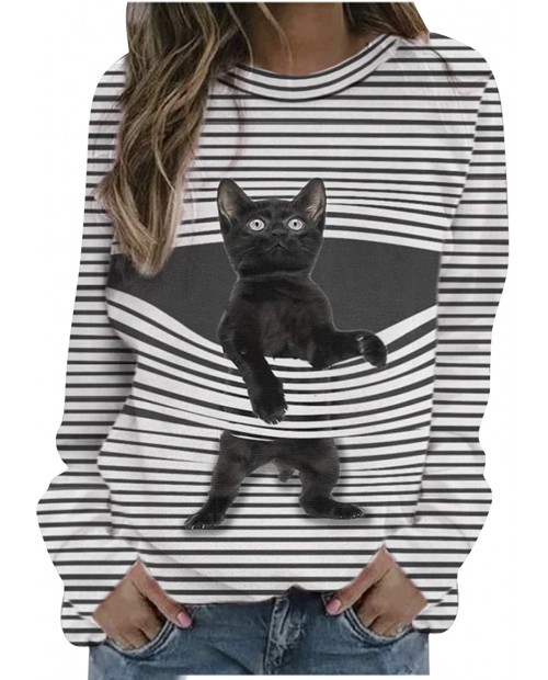 Womens Crewneck Blouse Cartoon Cat Striped T-Shirt Sweatshirt Loose Soft Long Sleeve Pullover Tops Oversized at  Women’s Clothing store