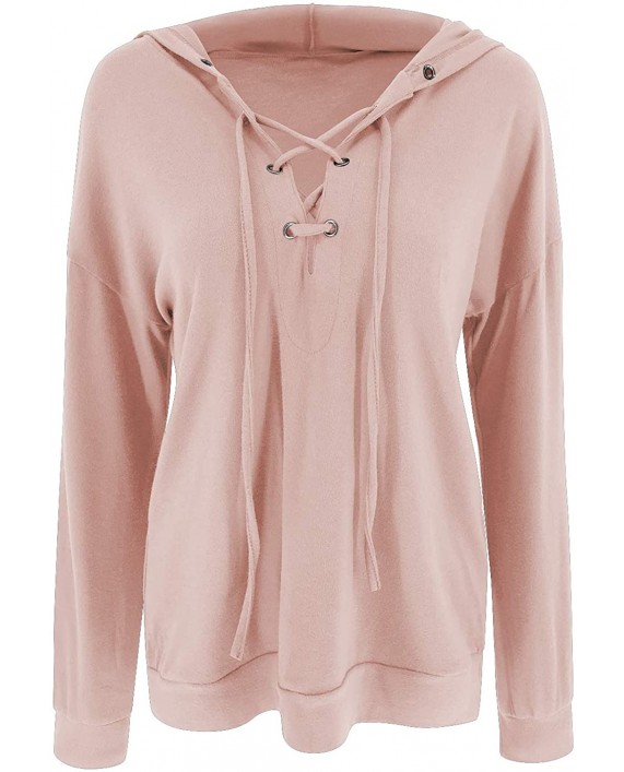 Yuccalley Women's Lace Up V Neck Hoodies Criss Cross Hooded Sweatshirts Casual Long Sleeve Tops Shirts at Women’s Clothing store