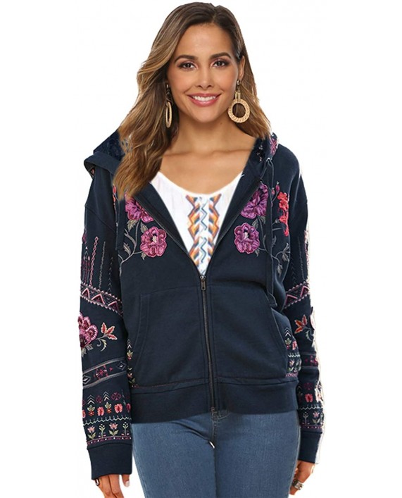 zeyubird Womens Bohemian Floral Zip Up Hooded Sweatshirt Jacket Long Sleeve Tops Embroidered Tops for Women Hoodies at Women’s Clothing store