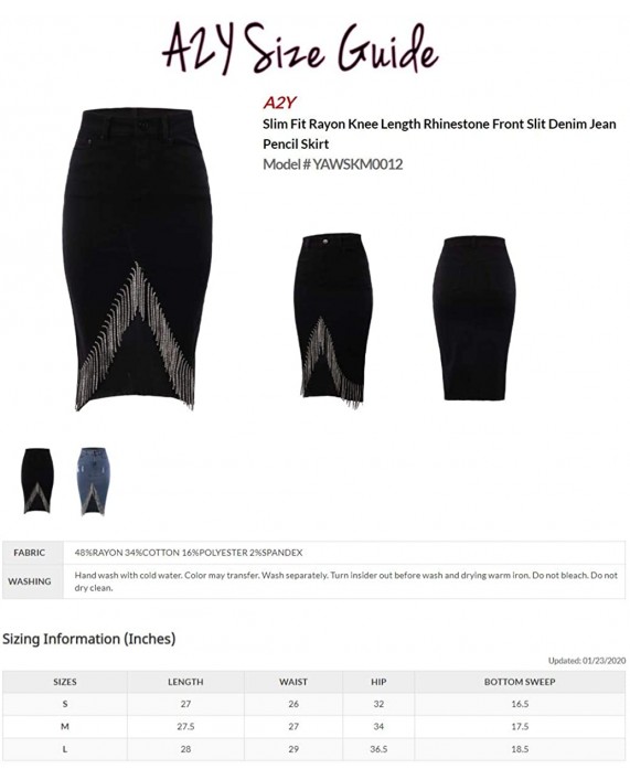 A2Y Women's Slim Fit Rayon Knee Length Unhem Back Slit Denim Jean Pencil Skirt at Women’s Clothing store