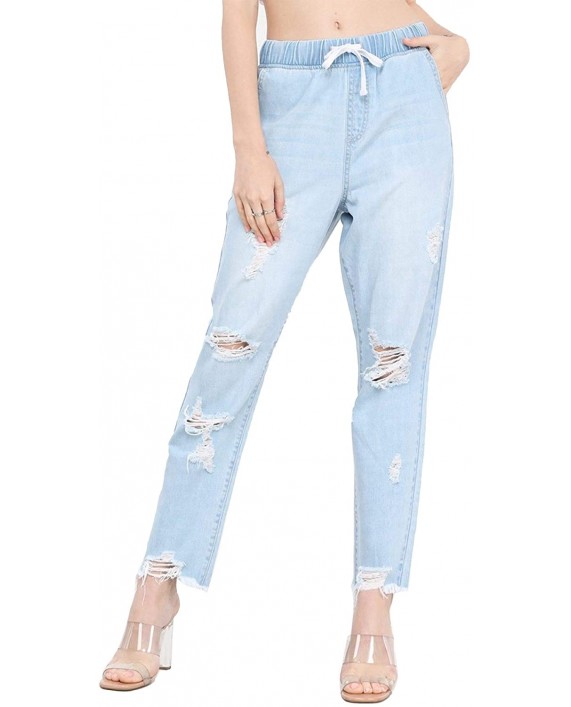 FashionMille Women's Drawstring Waist Elastic Slim Fit Non Stretch Destroyed Denim Jogger Pants Jeans with Fray Hem at Women's Jeans store