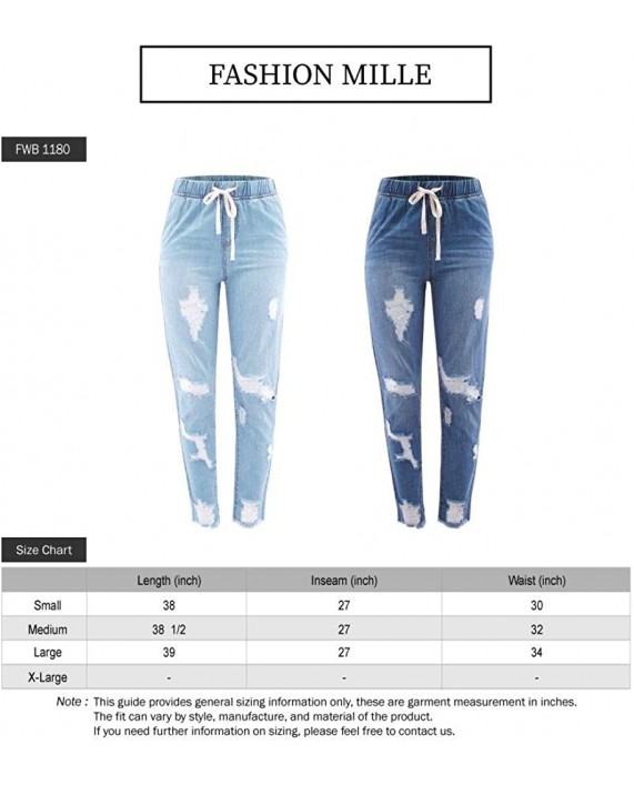 FashionMille Women's Drawstring Waist Elastic Slim Fit Non Stretch Destroyed Denim Jogger Pants Jeans with Fray Hem at Women's Jeans store