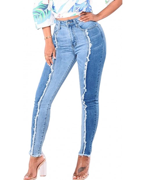 Itemnew Women Fashion Stylish Stretch Butt-Lift Color Block Fringed Skinny Jean Pants at Women's Jeans store