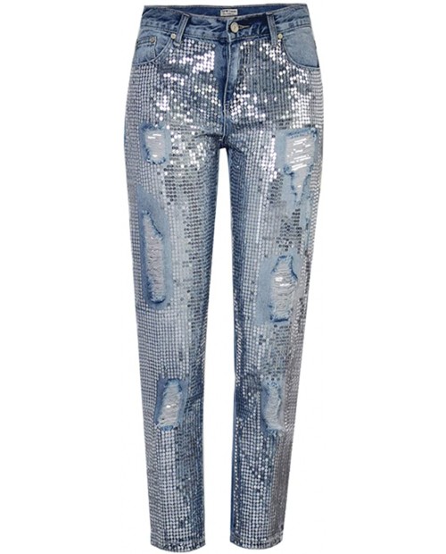 LJYH Woman's Ripped Jeans Mid-Waist Old Straight Denim Pants Metallic Embroidered Sequins Loose Short Trousers