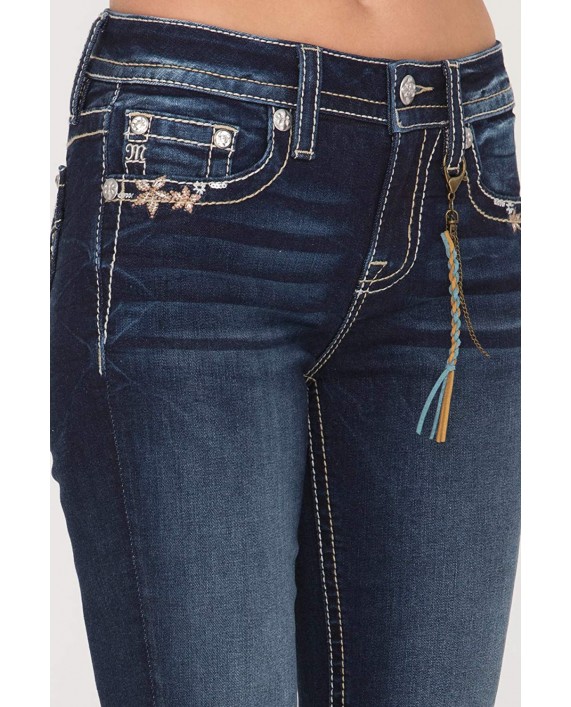 Miss Me Women's Chloe Boot Mid-Rise Jeans with Faux Flap Pocket and Floral Embroidery Dark Blue 26