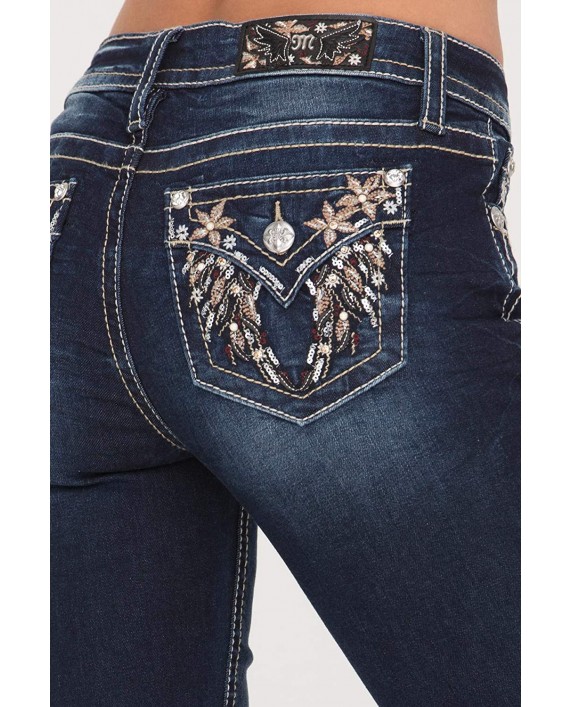 Miss Me Women's Chloe Boot Mid-Rise Jeans with Faux Flap Pocket and Floral Embroidery Dark Blue 26