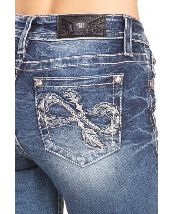 Miss Me Women's Mid-Rise Chloe Slim Fit Bootcut Embroidered Infinity Sign Pocket Jean