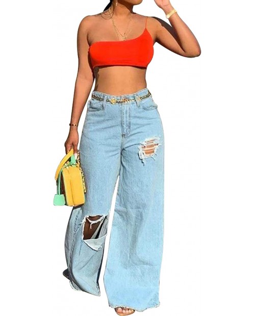 Remelon Womens Casual Destroyed Ripped Jeans Loose Wide Leg Denim Pants Long Trousers Plus Size at  Women's Jeans store