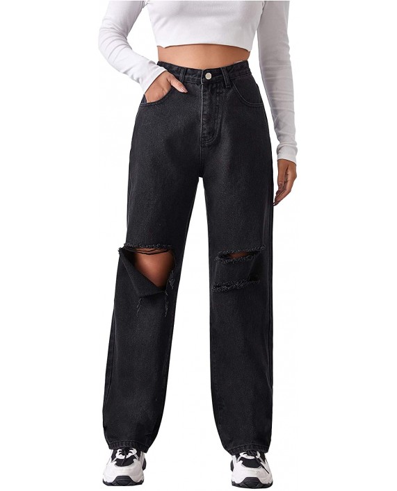 SheIn Women's Ripped Boyfriends Jeans High Waist Distressed Denim Long Pants with Pockets at Women's Jeans store