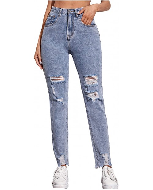 SOLY HUX Women's Ripped Raw Hem Jeans Casual High Waisted Denim Pants at  Women's Jeans store