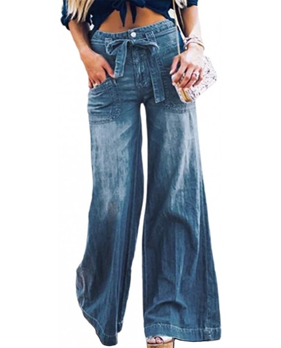 utcoco Women's Casual Loose Fit Mid Waisted Belted Flare Bell Bottom Palazzo Lounge Denim Jeans Pants at Women's Jeans store