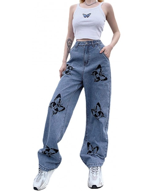 Women Loose Jeans High Street High Waist Butterfly Print Long Straight Pants Streetwear Slim Baggy Trousers at  Women's Jeans store