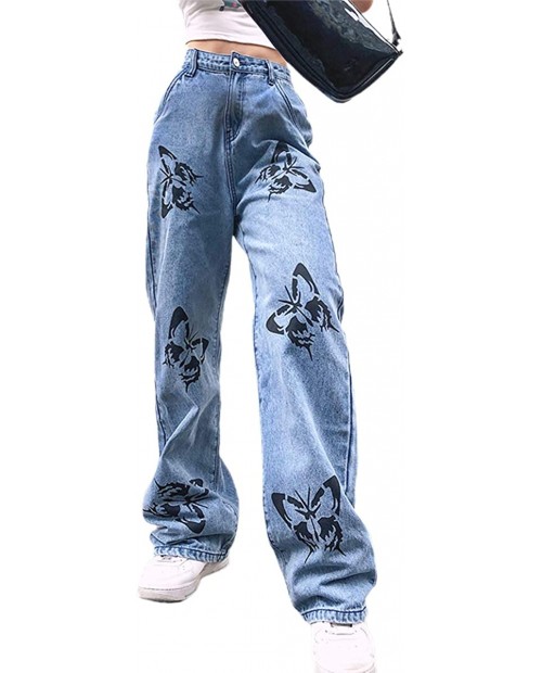 Women's Fashion High Waist Pants Ladies Wide Leg Stretch Jeans Butterfly Loose Casual Baggy Denim Trousers at  Women's Jeans store
