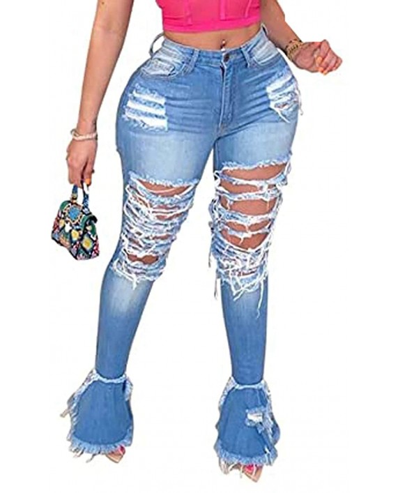 Womens High Waist Stretch Bell Bottom Jeans Ripped Destroyed Flare Raw Hem Denim Jeggings Pants at Women's Jeans store