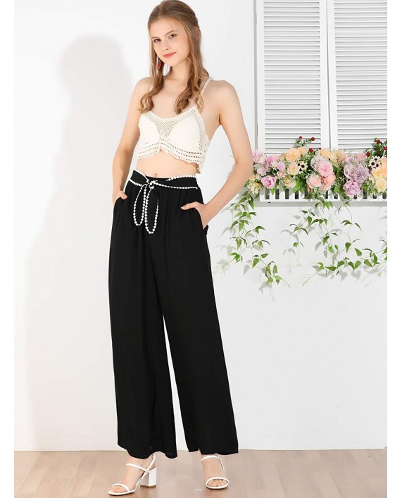 Allegra K Women's Elastic Waist Lace Tie Trousers Casual Wide Leg Long Pants at Women’s Clothing store