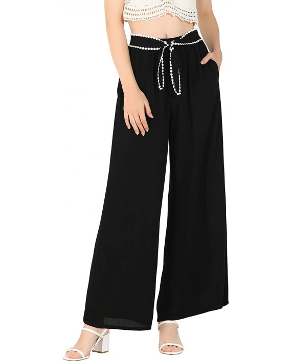Allegra K Women's Elastic Waist Lace Tie Trousers Casual Wide Leg Long Pants at Women’s Clothing store