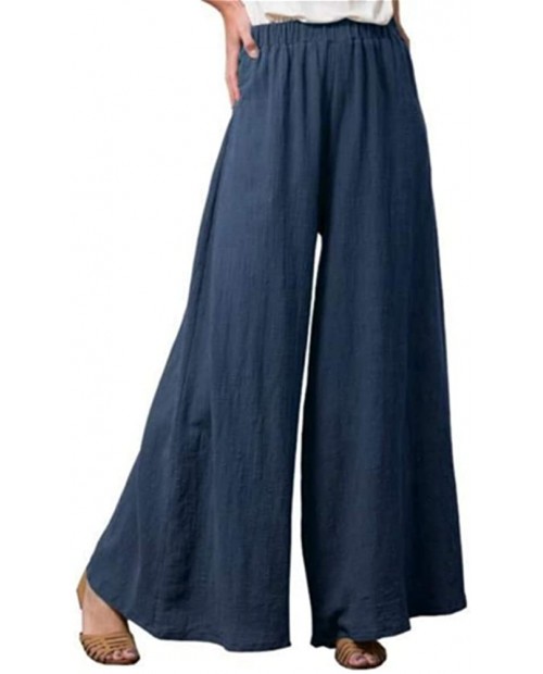 Lghxlxry Women's Casual Flowy Palazzo Pants Elastic Waist Wide Leg Loose Summer Trousers with Pocket at Women’s Clothing store