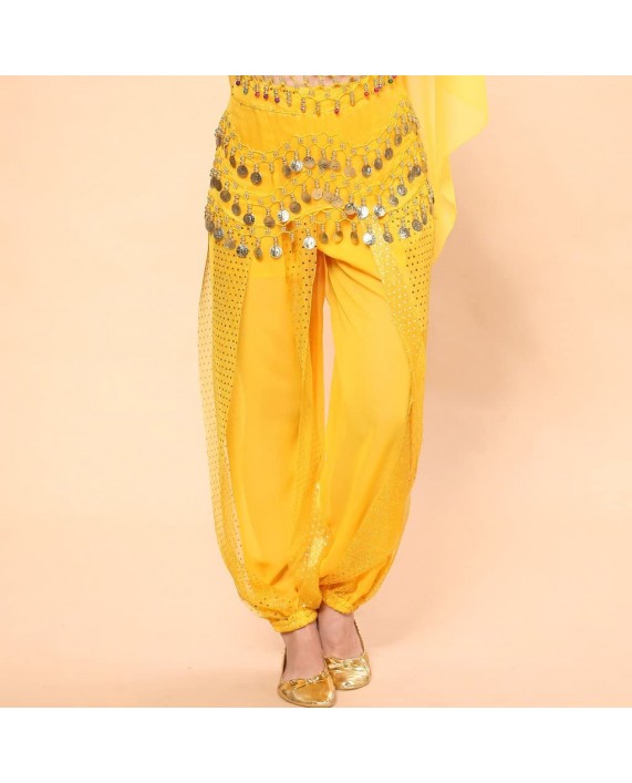 MUNAFIE Belly Dance Harem Pants Arabic Halloween Lantern Shiny Pants Fancy Pants US0-14 Yellow at Women’s Clothing store