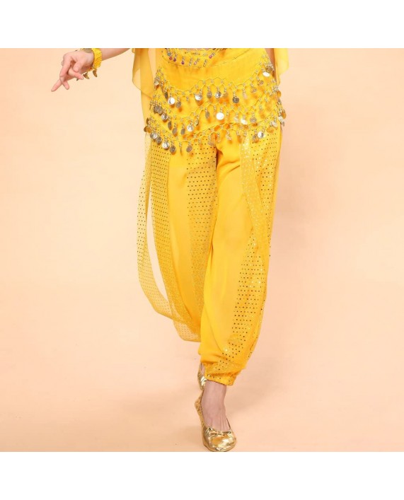MUNAFIE Belly Dance Harem Pants Arabic Halloween Lantern Shiny Pants Fancy Pants US0-14 Yellow at Women’s Clothing store
