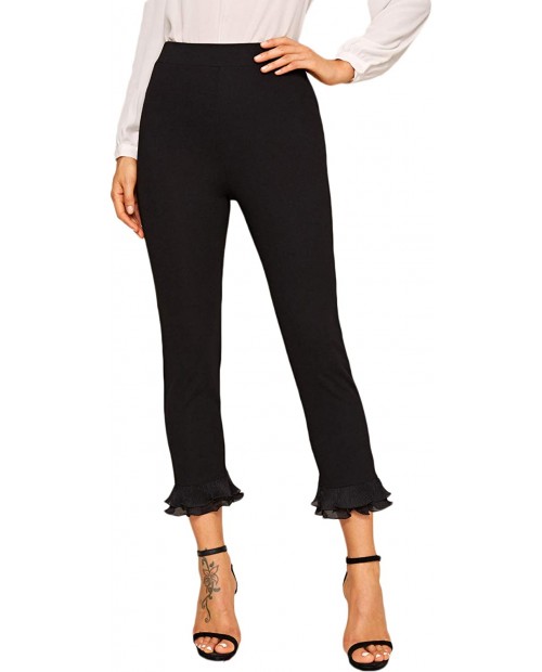 WDIRARA Women's Elastic Waist Ruffle Hem Solid Elegant Stretch Crop Pants at  Women’s Clothing store