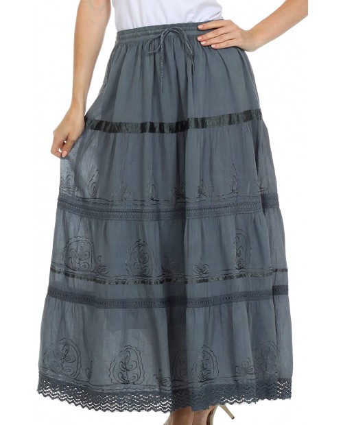 AA554 - Solid Embroidered Gypsy Bohemian Full Maxi Long Cotton Skirt - Gray One Size at Women’s Clothing store Long Plus Size Skirt