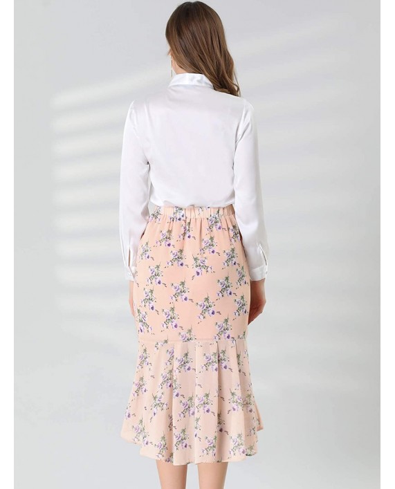 Allegra K Women's Floral Elastic Waist Bodycon Ruffle Hem Chiffon Fishtail Skirt at Women’s Clothing store