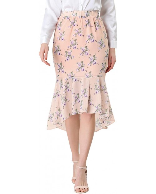 Allegra K Women's Floral Elastic Waist Bodycon Ruffle Hem Chiffon Fishtail Skirt at Women’s Clothing store