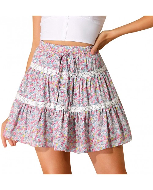 Allegra K Women's Floral Print Skirts Lace Insret Elastic Waist Tiered Ruffle Mini Skirt at  Women’s Clothing store