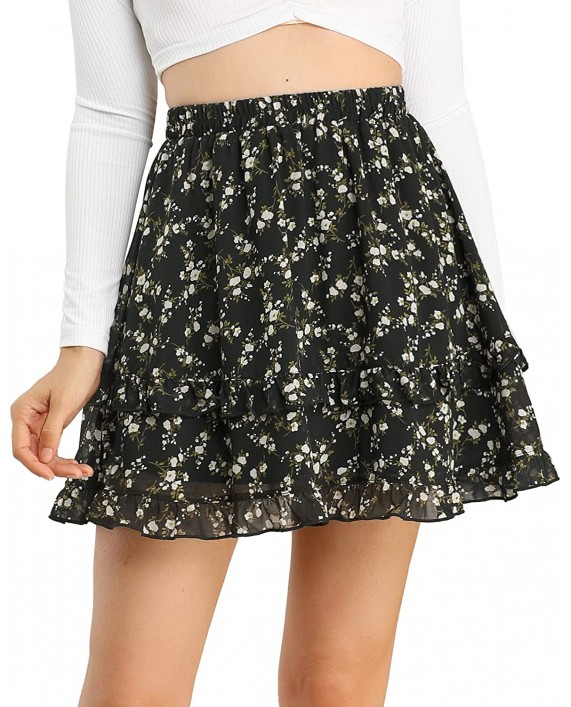 Allegra K Women's Floral Ruffle Layered Mini Skirt Chiffon Summer A-Line Skirts at Women’s Clothing store