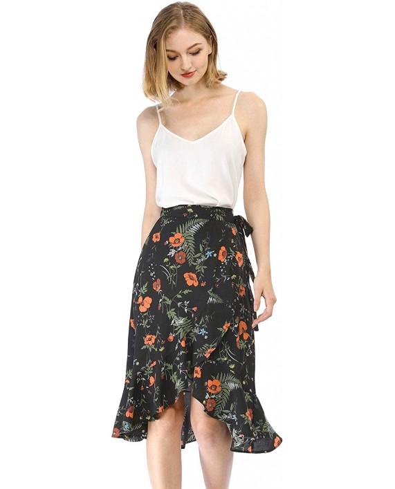 Allegra K Women's Floral Wrap Skirt Asymmetrical Ruffle Tie High Waist Summer Skirts at Women’s Clothing store