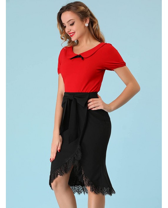 Allegra K Women's Lace Trim Bow High Waist Knee Length Wrap Split Midi Skirt at Women’s Clothing store