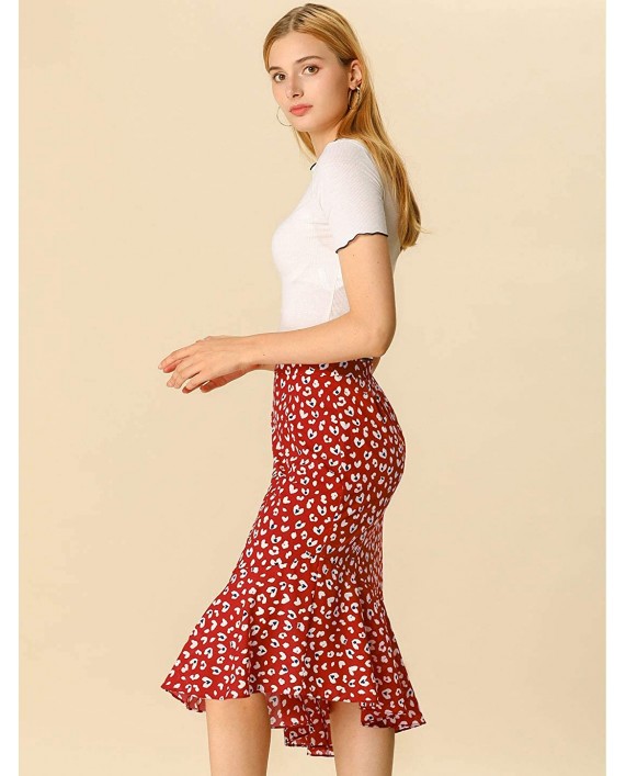 Allegra K Women's Leopard Floral Printed Ruffle Hem Mermaid Asymmetrical Midi Skirt at Women’s Clothing store