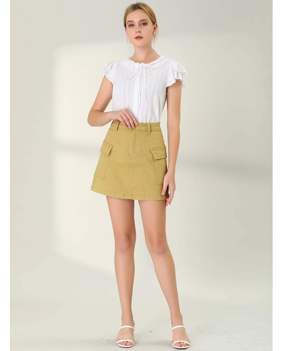 Allegra K Women's Mini Skirt Juniors Flap Pockets High Waist Cargo Short Denim Skirts at Women’s Clothing store