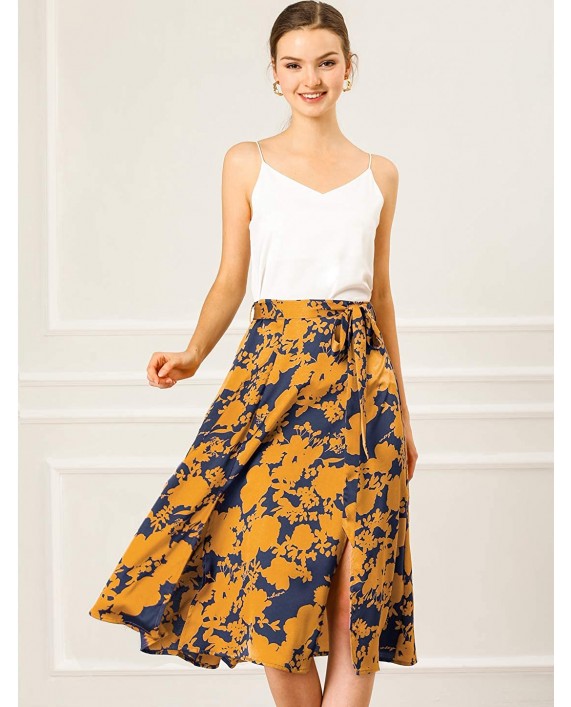 Allegra K Women's Slits Front High Waist A-Line Belted Floral Flowy Midi Skirt at Women’s Clothing store