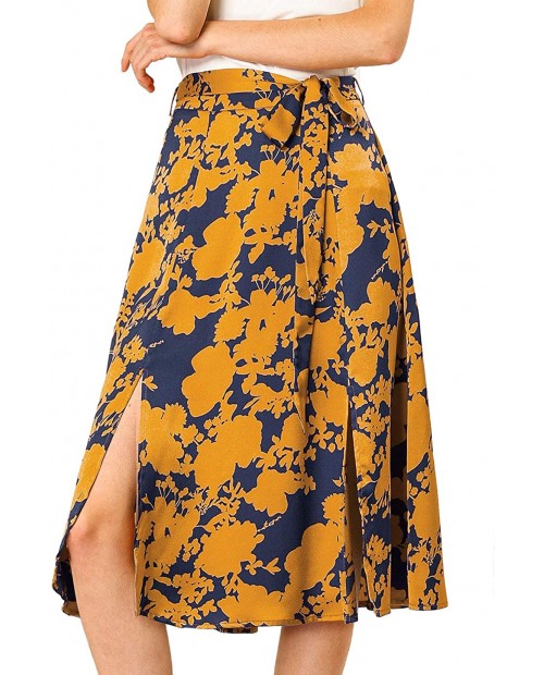 Allegra K Women's Slits Front High Waist A-Line Belted Floral Flowy Midi Skirt at  Women’s Clothing store