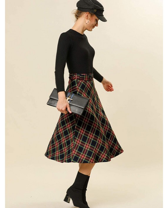 Allegra K Women's Tartan Plaid High Waist Belted Vintage A-Line Midi Skirt at Women’s Clothing store