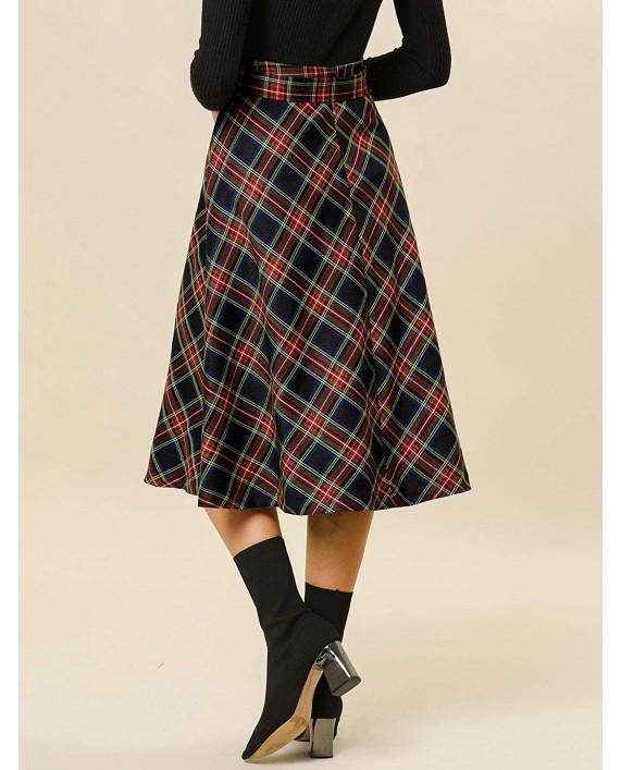 Allegra K Women's Tartan Plaid High Waist Belted Vintage A-Line Midi Skirt at Women’s Clothing store
