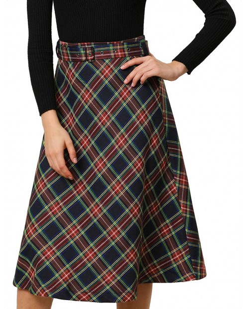 Allegra K Women's Tartan Plaid High Waist Belted Vintage A-Line Midi Skirt at  Women’s Clothing store