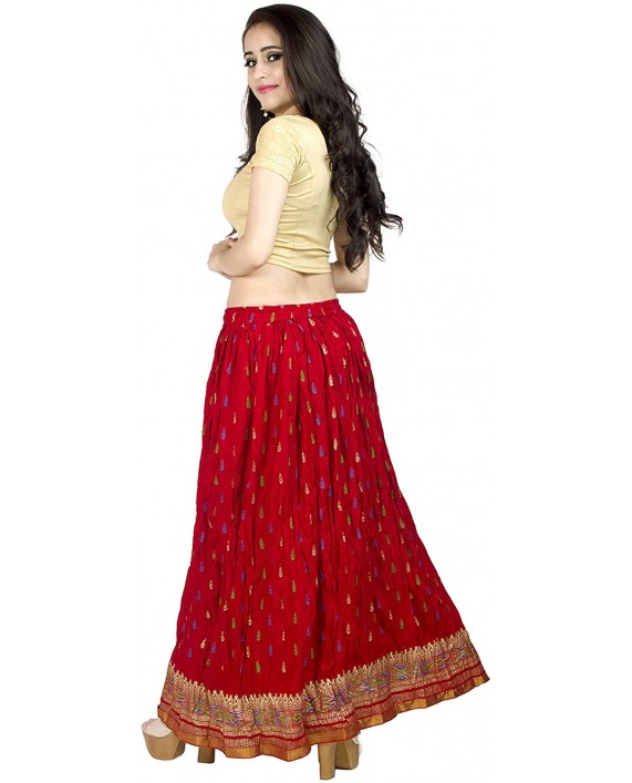 Chadrakala Women's Rayon Cotton Indian Crushed Flaire Long Maxi Skirt Multicolor Flower Print Free Size Red S103RED at Women’s Clothing store