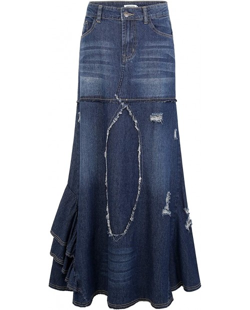CHARTOU Women's Distressed Packaged Hip Irregular Ruffle Tiered Maxi Long Denim Skirt at  Women’s Clothing store