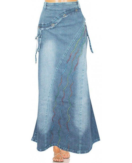 chouyatou Women's Retro Full Length A-Line Fishtail Maxi Long Denim Jean Skirt at Women’s Clothing store