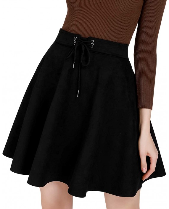 DIASHINY Women's Belt Tie High Waist A Line Skater Flared Stretch Faux Suede Mini Skirts at Women’s Clothing store