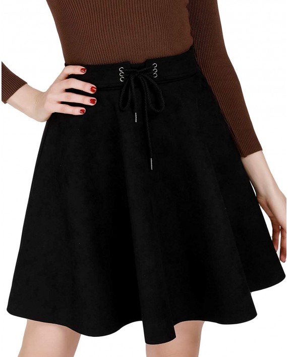 DIASHINY Women's Belt Tie High Waist A Line Skater Flared Stretch Faux Suede Mini Skirts at Women’s Clothing store