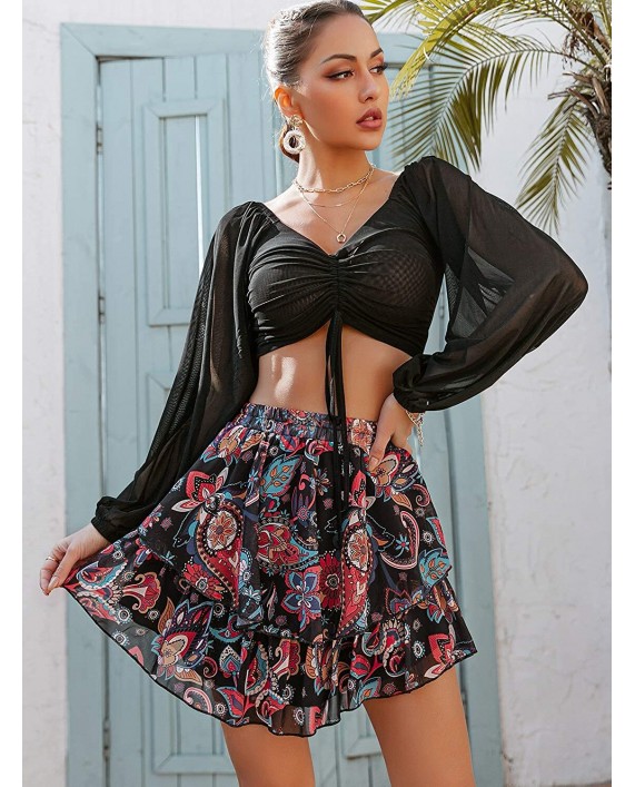 Eteviolet Summer High Waist Layered Ruffle Skirt for Women U-Shape Floral Print Flowy Boho Mini Skirts